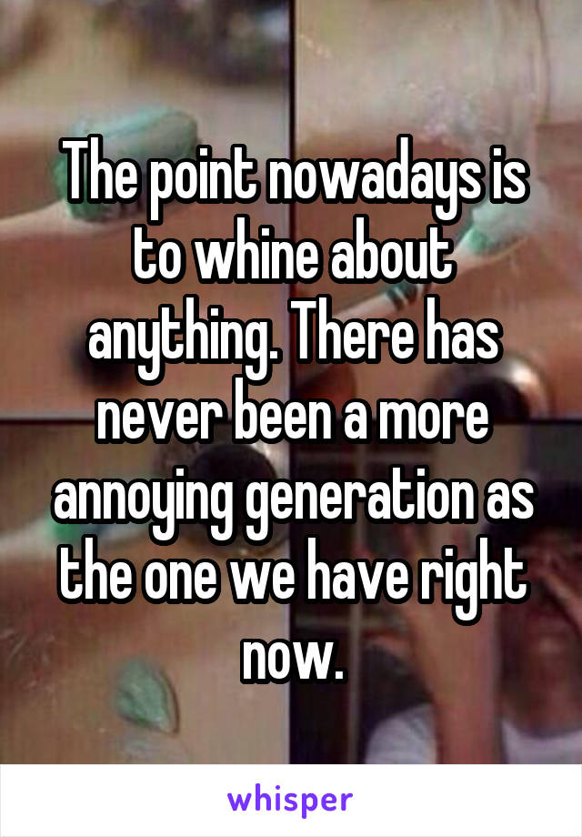 The point nowadays is to whine about anything. There has never been a more annoying generation as the one we have right now.