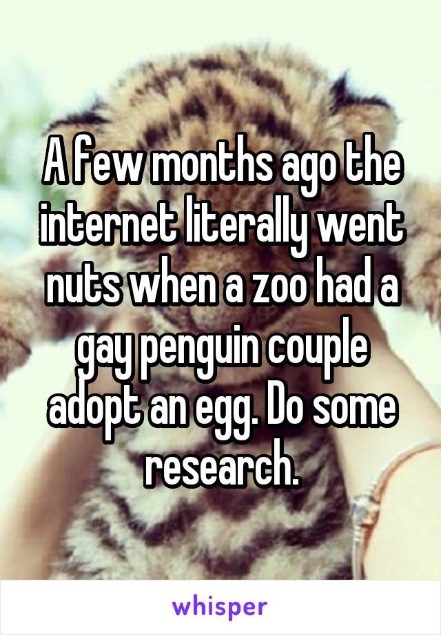 A few months ago the internet literally went nuts when a zoo had a gay penguin couple adopt an egg. Do some research.