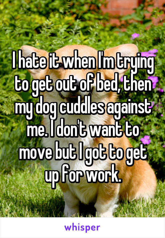 I hate it when I'm trying to get out of bed, then my dog cuddles against me. I don't want to move but I got to get up for work.