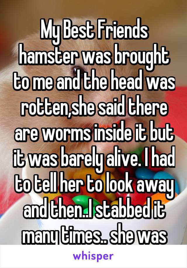 My Best Friends hamster was brought to me and the head was rotten,she said there are worms inside it but it was barely alive. I had to tell her to look away and then..I stabbed it many times.. she was