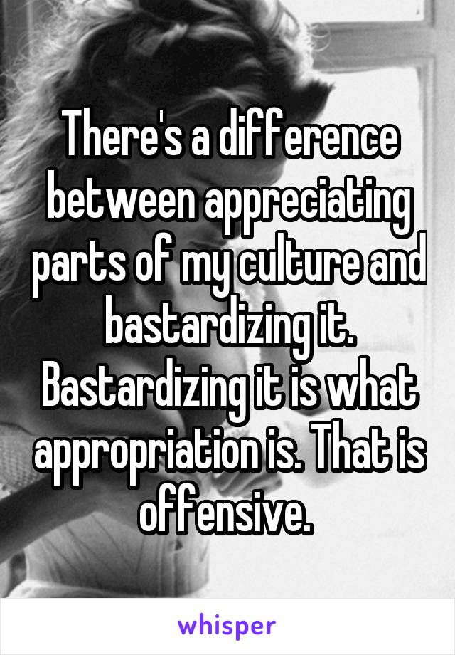 There's a difference between appreciating parts of my culture and bastardizing it. Bastardizing it is what appropriation is. That is offensive. 