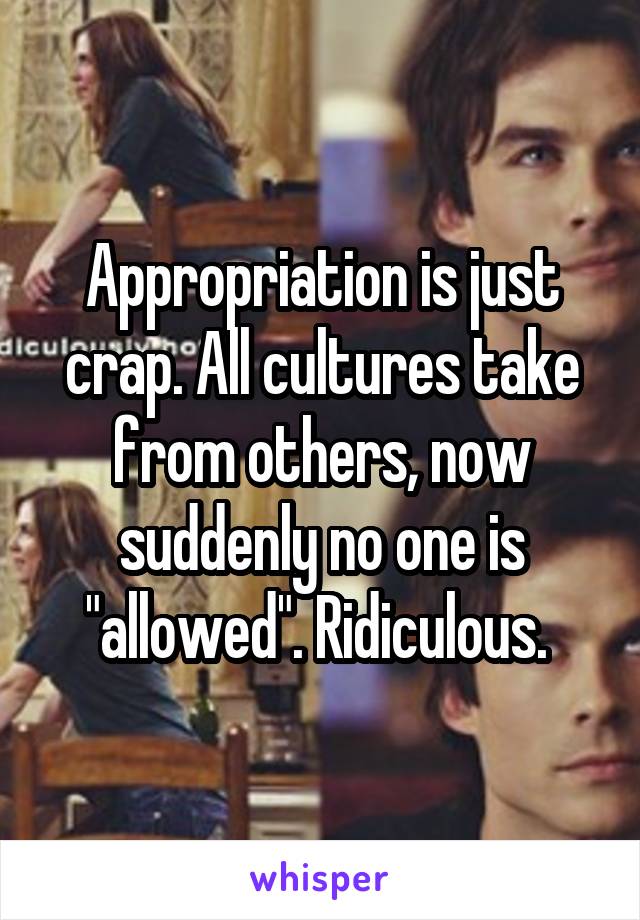 Appropriation is just crap. All cultures take from others, now suddenly no one is "allowed". Ridiculous. 