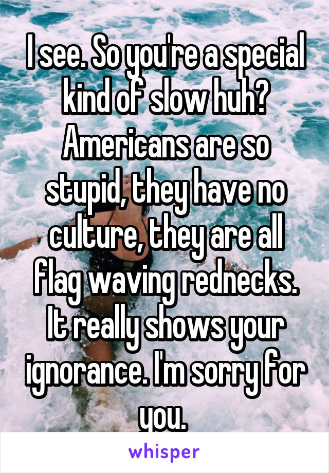 I see. So you're a special kind of slow huh? Americans are so stupid, they have no culture, they are all flag waving rednecks. It really shows your ignorance. I'm sorry for you. 