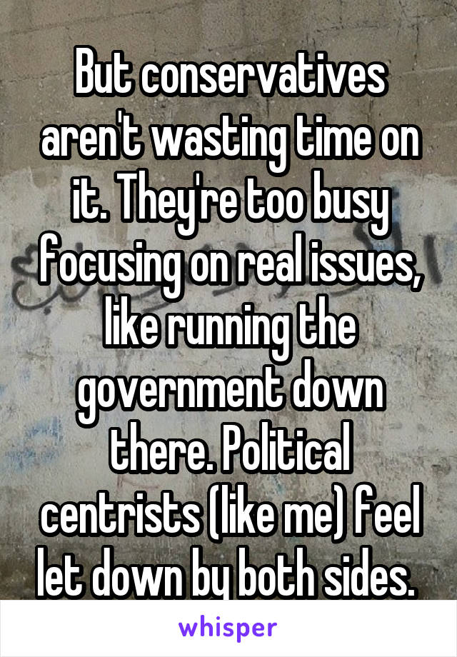 But conservatives aren't wasting time on it. They're too busy focusing on real issues, like running the government down there. Political centrists (like me) feel let down by both sides. 