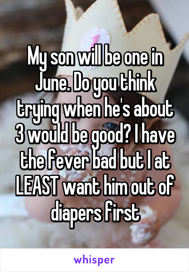 My son will be one in June. Do you think trying when he's about 3 would be good? I have the fever bad but I at LEAST want him out of diapers first