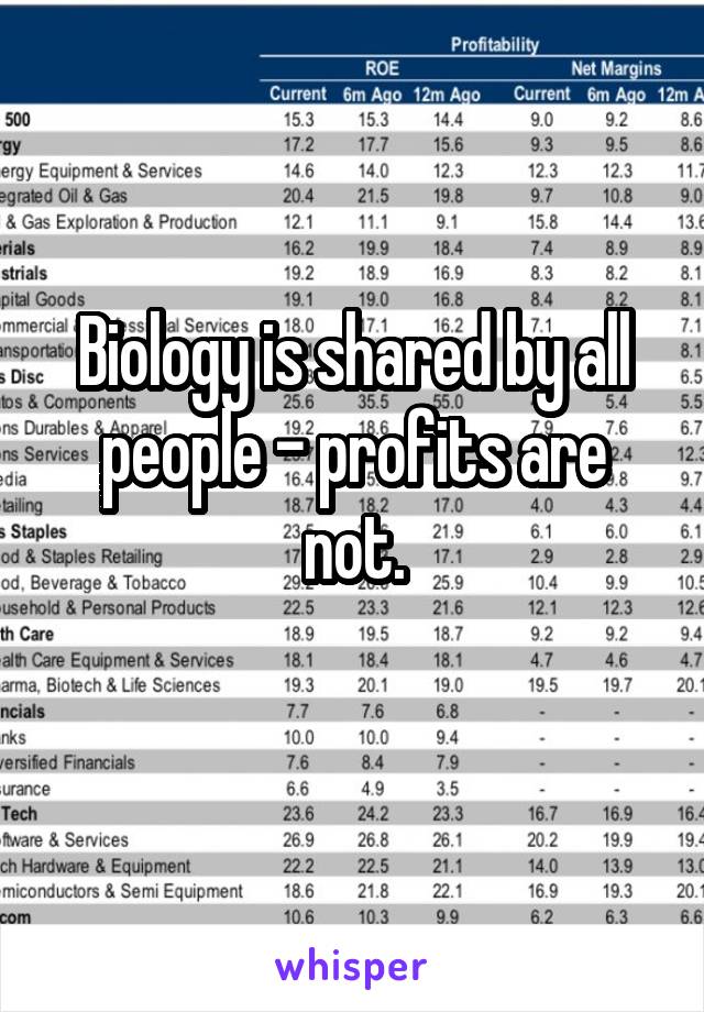 Biology is shared by all people - profits are not.
