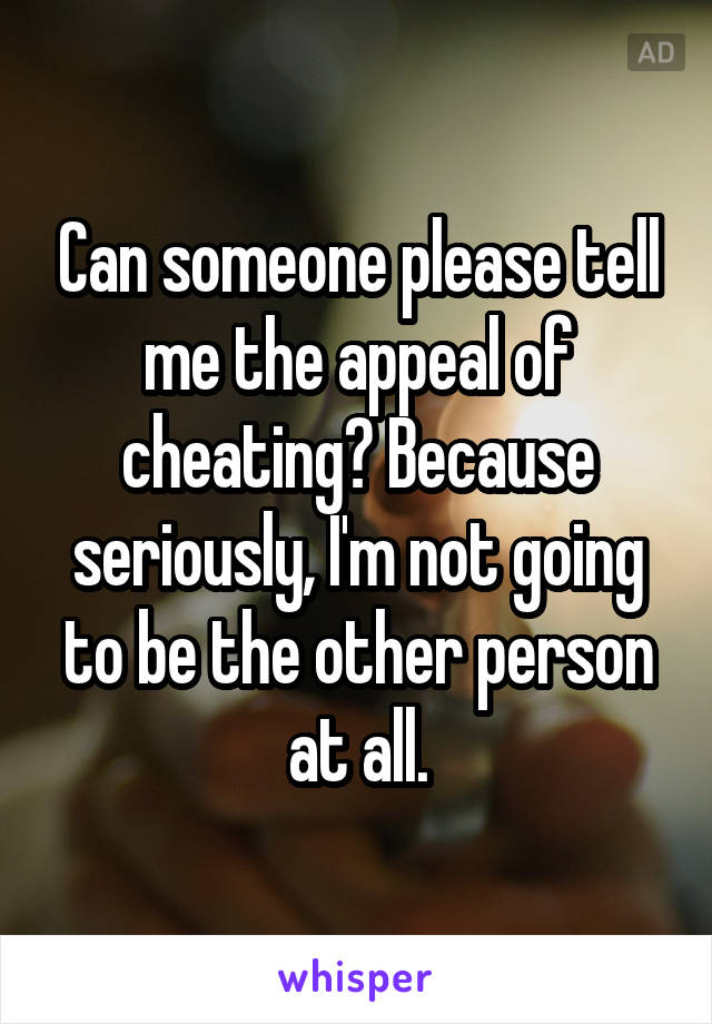 Can someone please tell me the appeal of cheating? Because seriously, I'm not going to be the other person at all.