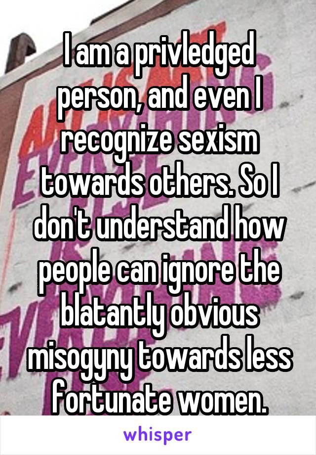 I am a privledged person, and even I recognize sexism towards others. So I don't understand how people can ignore the blatantly obvious misogyny towards less fortunate women.