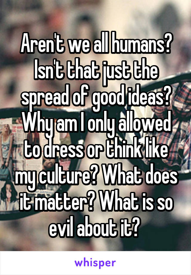 Aren't we all humans? Isn't that just the spread of good ideas? Why am I only allowed to dress or think like my culture? What does it matter? What is so evil about it? 