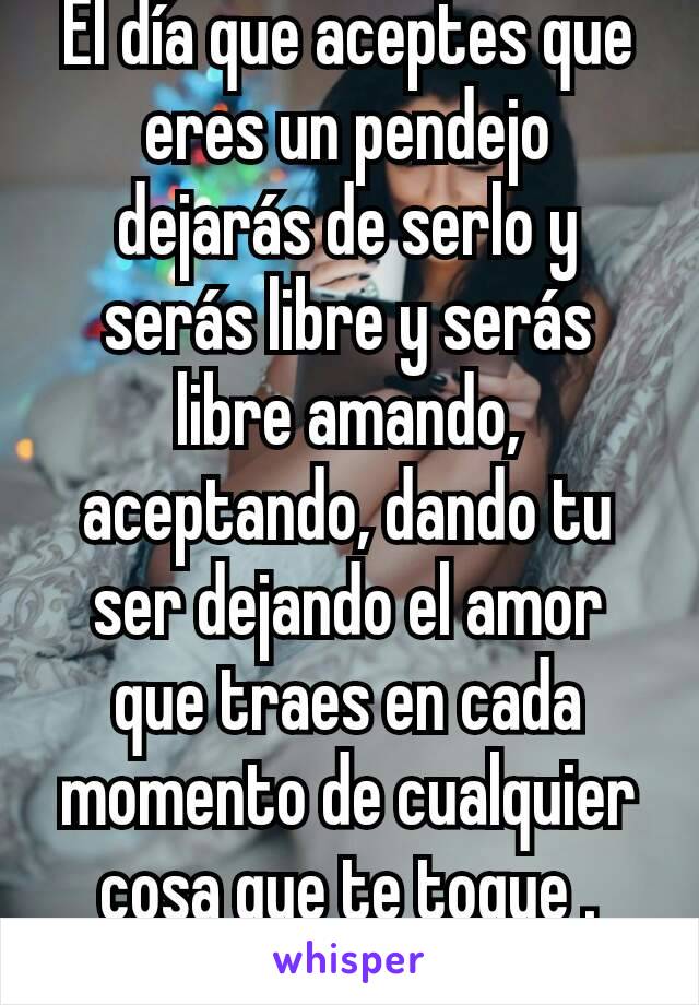 El día que aceptes que eres un pendejo dejarás de serlo y serás libre y serás libre amando, aceptando, dando tu ser dejando el amor que traes en cada momento de cualquier cosa que te toque . vivir