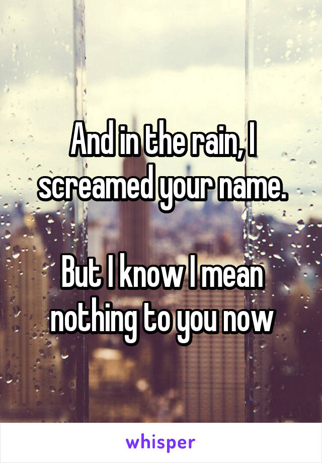 And in the rain, I screamed your name.

But I know I mean nothing to you now