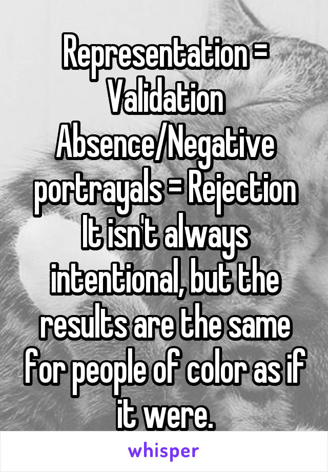 Representation = Validation
Absence/Negative portrayals = Rejection
It isn't always intentional, but the results are the same for people of color as if it were.