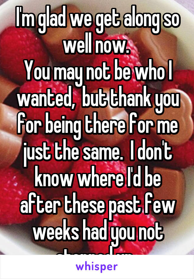 I'm glad we get along so well now. 
You may not be who I wanted,  but thank you for being there for me just the same.  I don't know where I'd be after these past few weeks had you not stepped up. 