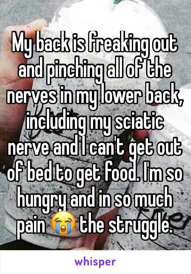 My back is freaking out and pinching all of the nerves in my lower back, including my sciatic nerve and I can't get out of bed to get food. I'm so hungry and in so much pain 😭 the struggle.