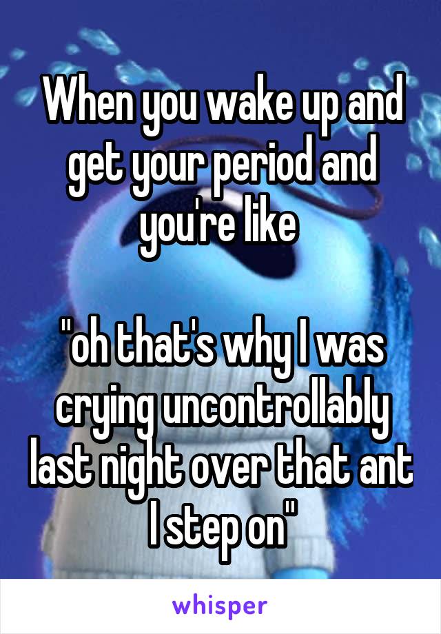 When you wake up and get your period and you're like 

"oh that's why I was crying uncontrollably last night over that ant I step on"