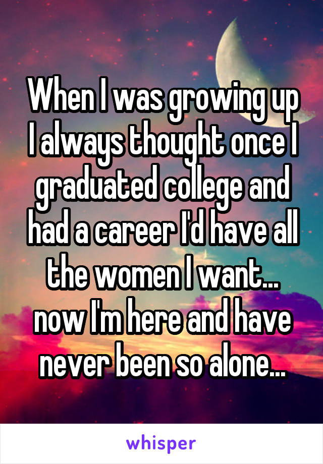 When I was growing up I always thought once I graduated college and had a career I'd have all the women I want... now I'm here and have never been so alone...