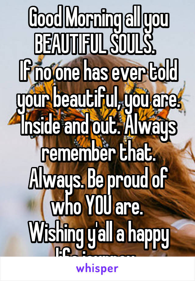 Good Morning all you BEAUTIFUL SOULS.  
If no one has ever told your beautiful, you are. Inside and out. Always remember that. Always. Be proud of who YOU are. 
Wishing y'all a happy life journey. 