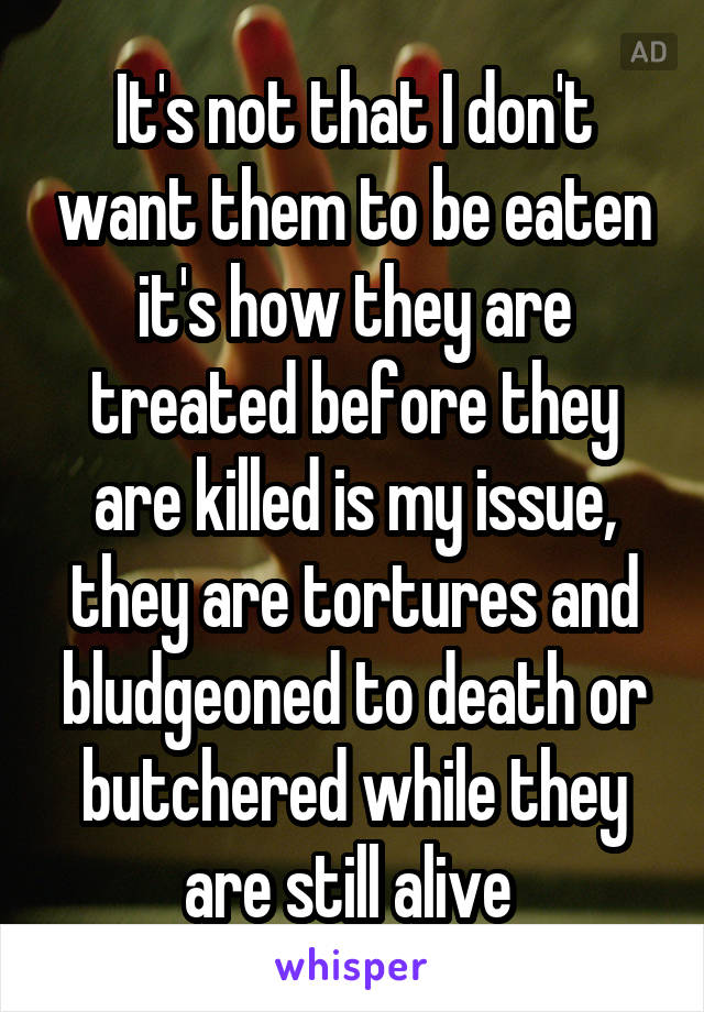 It's not that I don't want them to be eaten it's how they are treated before they are killed is my issue, they are tortures and bludgeoned to death or butchered while they are still alive 