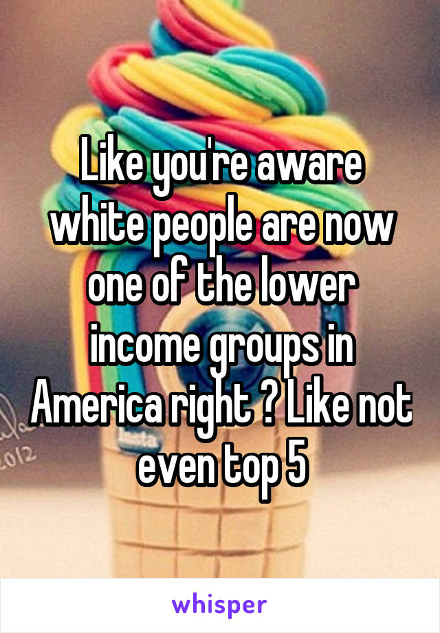 Like you're aware white people are now one of the lower income groups in America right ? Like not even top 5