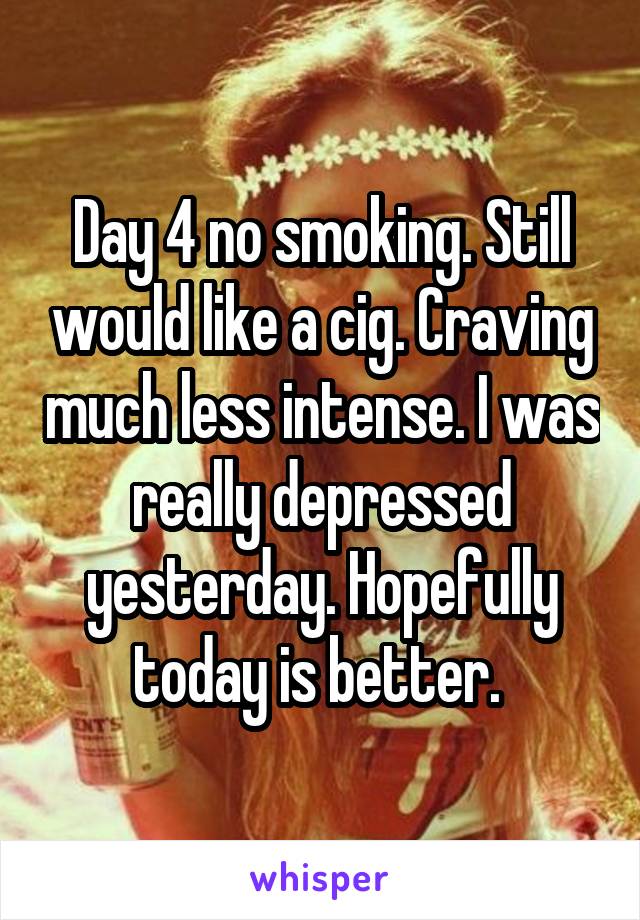 Day 4 no smoking. Still would like a cig. Craving much less intense. I was really depressed yesterday. Hopefully today is better. 