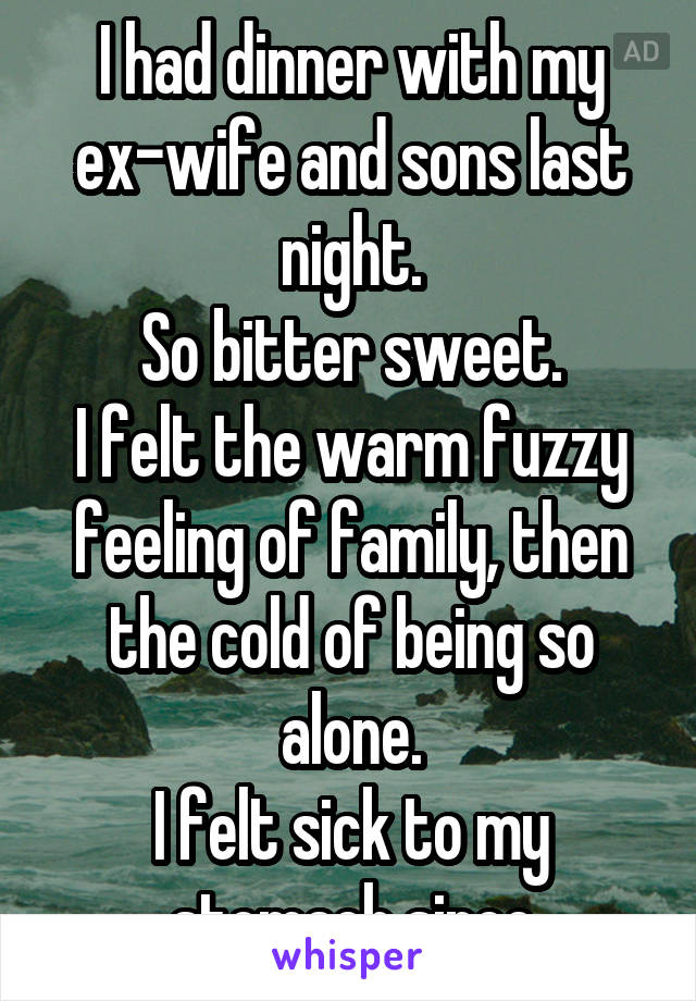 I had dinner with my ex-wife and sons last night.
So bitter sweet.
I felt the warm fuzzy feeling of family, then the cold of being so alone.
I felt sick to my stomach since