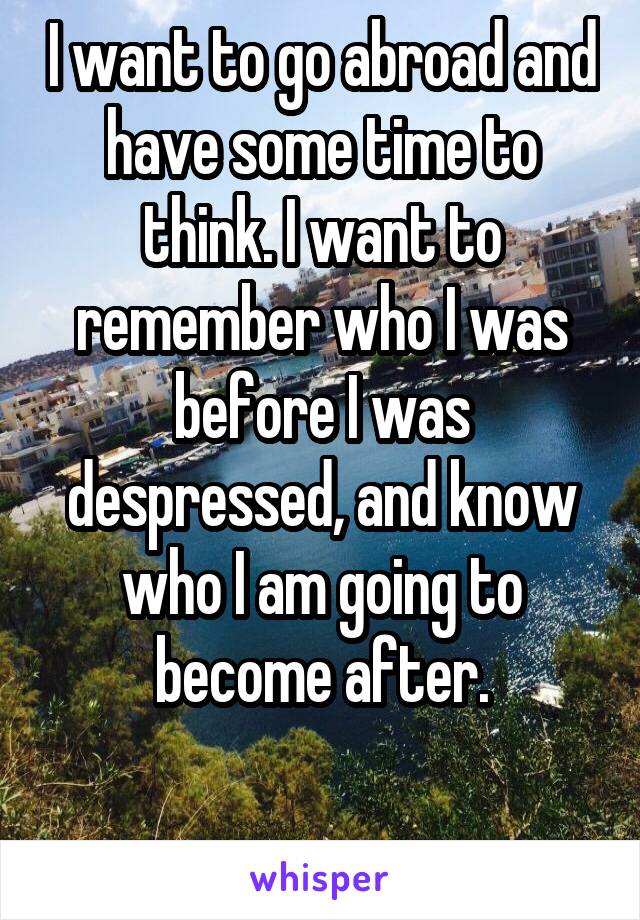 I want to go abroad and have some time to think. I want to remember who I was before I was despressed, and know who I am going to become after.

