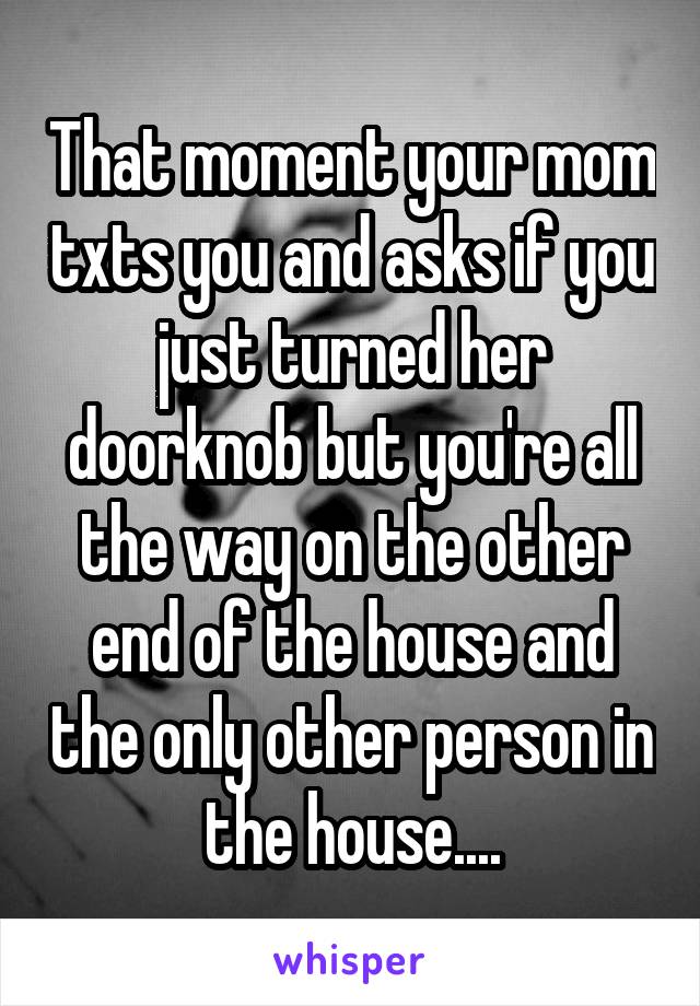 That moment your mom txts you and asks if you just turned her doorknob but you're all the way on the other end of the house and the only other person in the house....