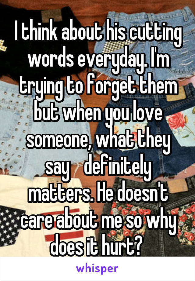 I think about his cutting words everyday. I'm trying to forget them but when you love someone, what they say    definitely matters. He doesn't care about me so why does it hurt? 