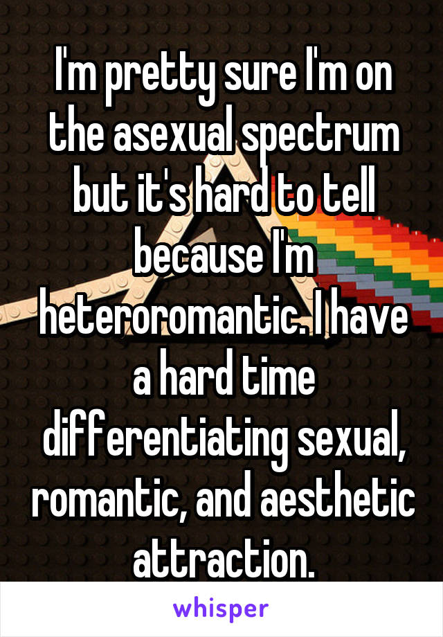 I'm pretty sure I'm on the asexual spectrum but it's hard to tell because I'm heteroromantic. I have a hard time differentiating sexual, romantic, and aesthetic attraction.