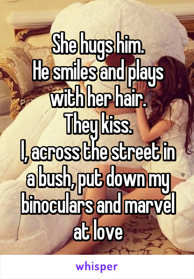 She hugs him.
He smiles and plays with her hair.
They kiss.
I, across the street in a bush, put down my binoculars and marvel at love