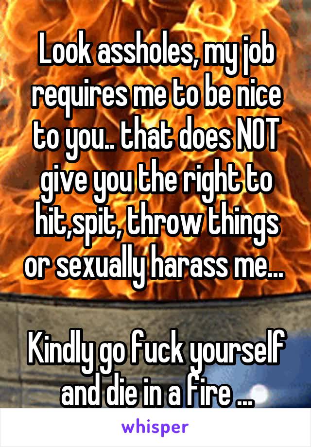 Look assholes, my job requires me to be nice to you.. that does NOT give you the right to hit,spit, throw things or sexually harass me... 

Kindly go fuck yourself and die in a fire ...