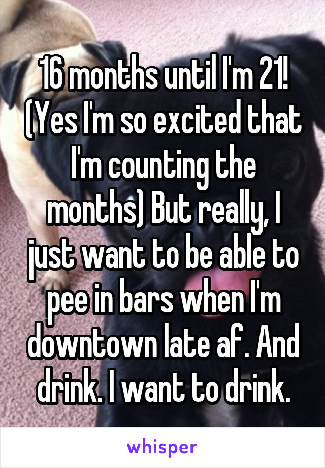 16 months until I'm 21! (Yes I'm so excited that I'm counting the months) But really, I just want to be able to pee in bars when I'm downtown late af. And drink. I want to drink.