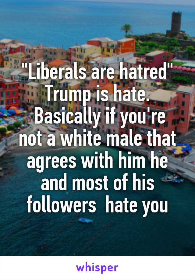 "Liberals are hatred"
Trump is hate.
 Basically if you're not a white male that agrees with him he and most of his followers  hate you