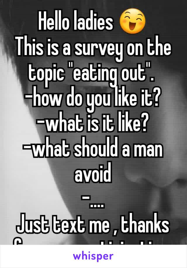 Hello ladies 😄
This is a survey on the topic "eating out". 
-how do you like it?
-what is it like?
-what should a man avoid
-....
Just text me , thanks for your participation 