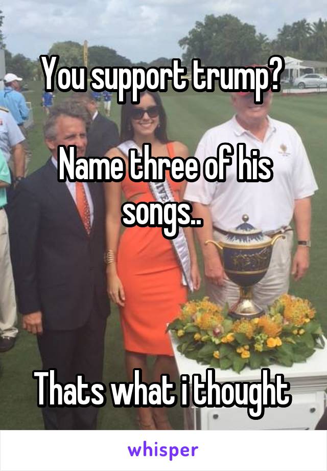 You support trump? 

Name three of his songs.. 



Thats what i thought 