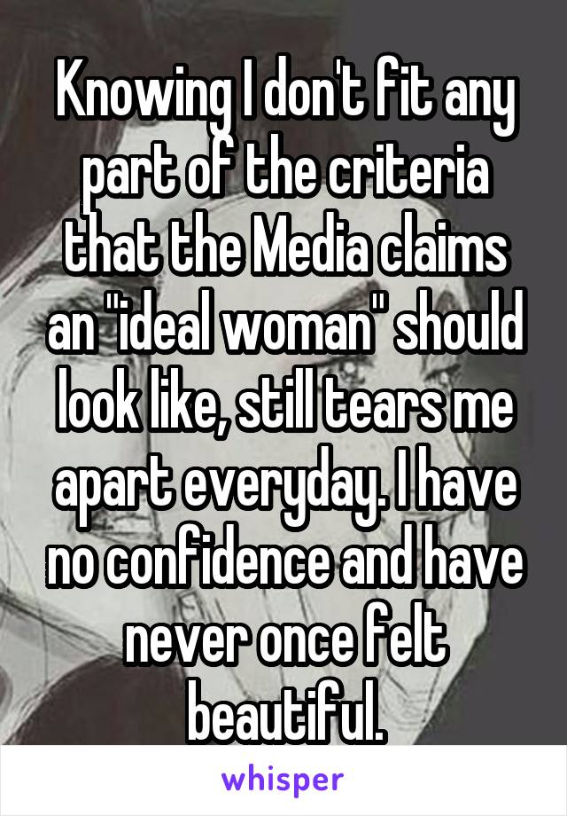 Knowing I don't fit any part of the criteria that the Media claims an "ideal woman" should look like, still tears me apart everyday. I have no confidence and have never once felt beautiful.