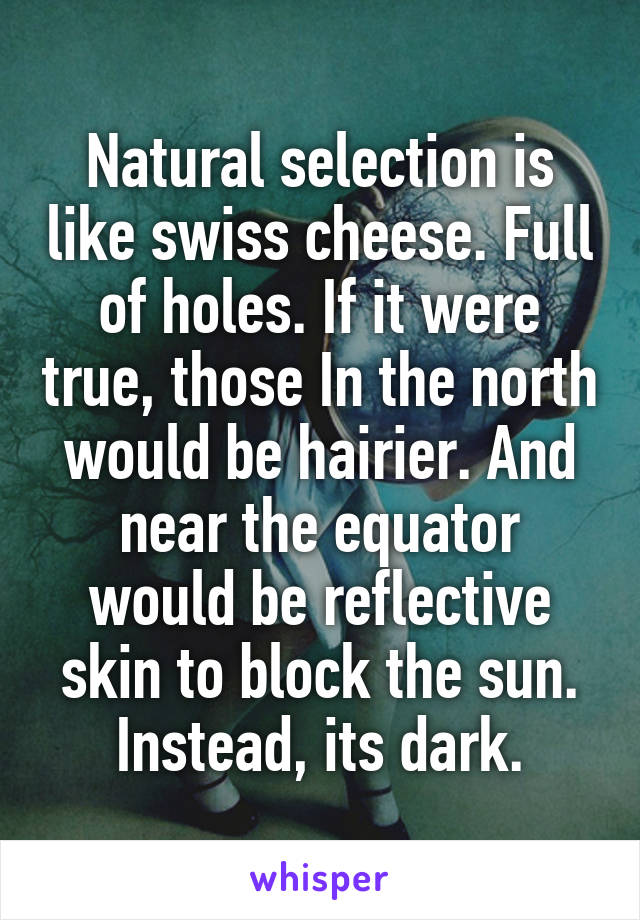 Natural selection is like swiss cheese. Full of holes. If it were true, those In the north would be hairier. And near the equator would be reflective skin to block the sun. Instead, its dark.