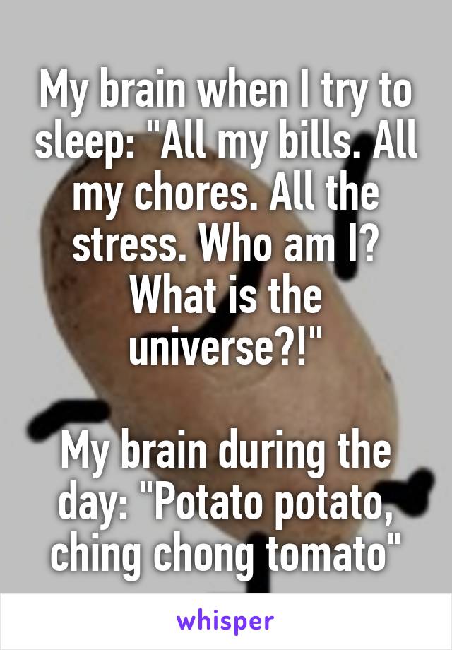 My brain when I try to sleep: "All my bills. All my chores. All the stress. Who am I? What is the universe?!"

My brain during the day: "Potato potato, ching chong tomato"