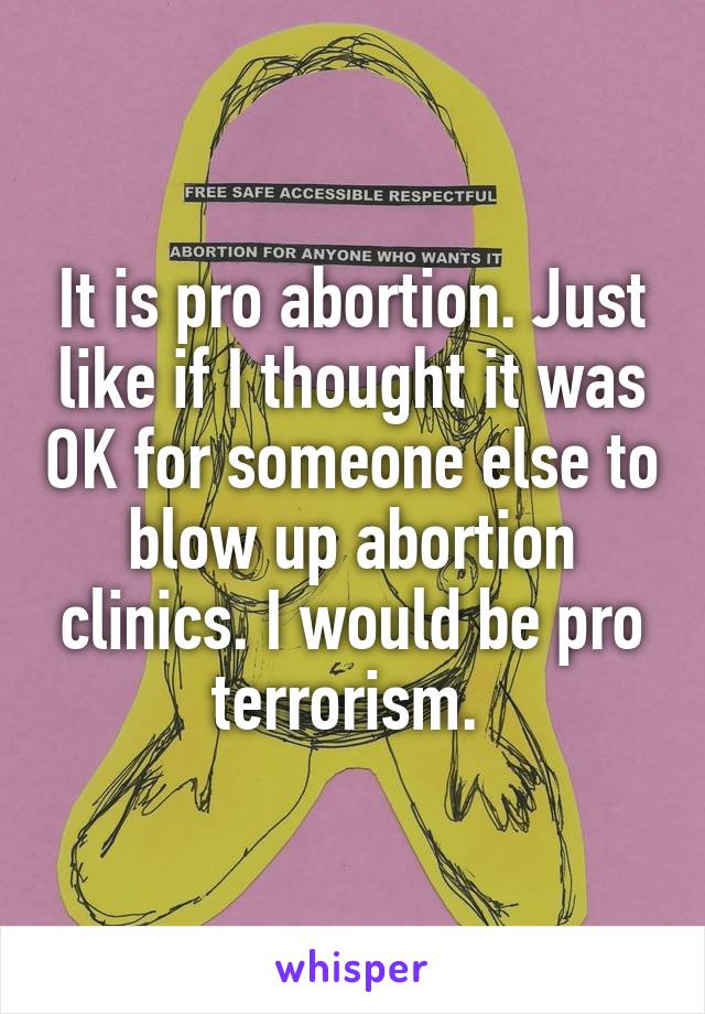 It is pro abortion. Just like if I thought it was OK for someone else to blow up abortion clinics. I would be pro terrorism. 