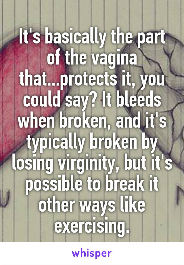 It's basically the part of the vagina that...protects it, you could say? It bleeds when broken, and it's typically broken by losing virginity, but it's possible to break it other ways like exercising.