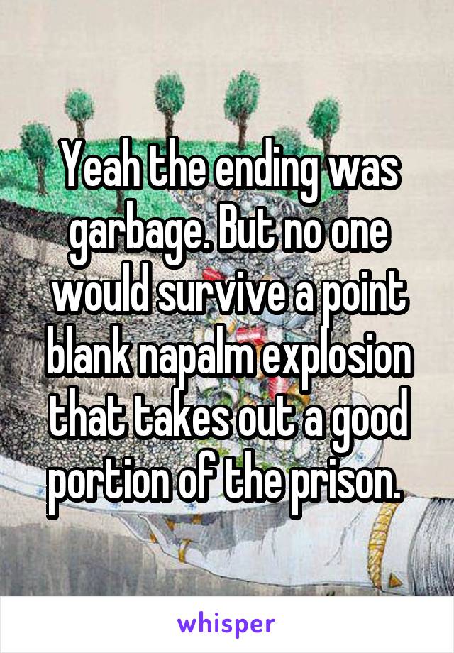 Yeah the ending was garbage. But no one would survive a point blank napalm explosion that takes out a good portion of the prison. 