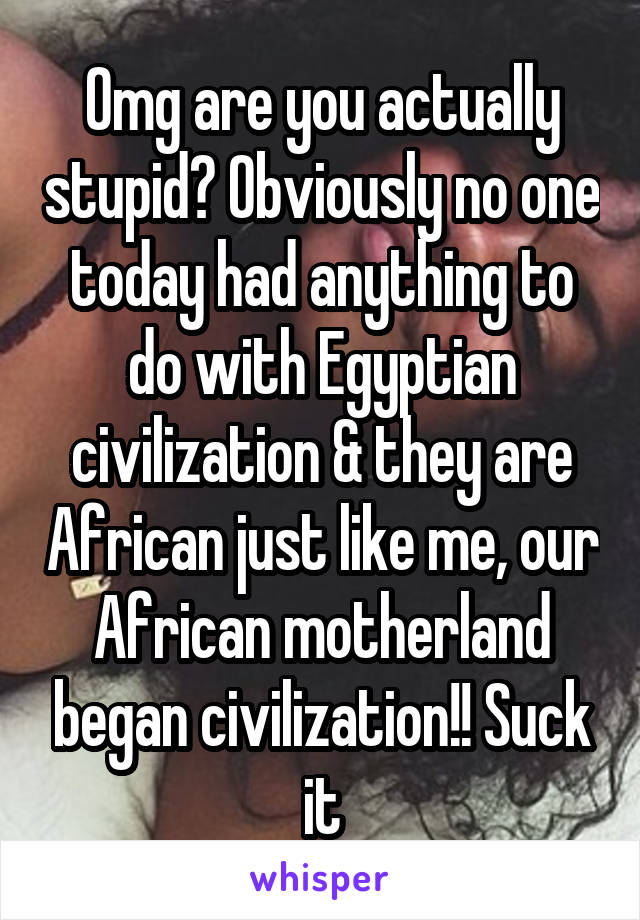 Omg are you actually stupid? Obviously no one today had anything to do with Egyptian civilization & they are African just like me, our African motherland began civilization!! Suck it