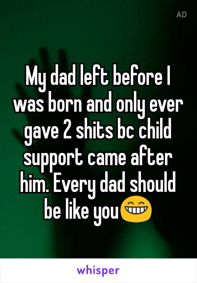 My dad left before I was born and only ever gave 2 shits bc child support came after him. Every dad should be like you😁