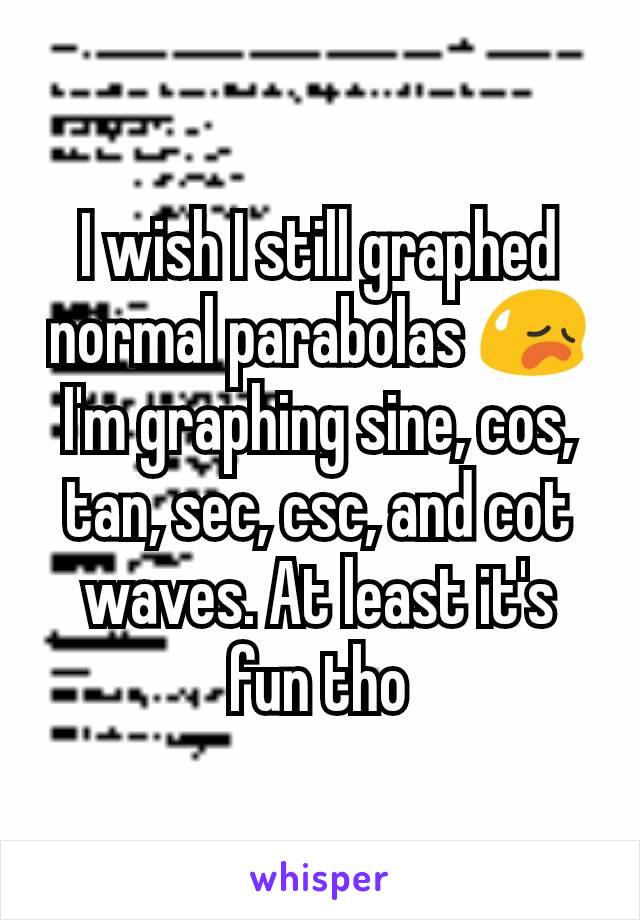 I wish I still graphed normal parabolas 😥 I'm graphing sine, cos, tan, sec, csc, and cot waves. At least it's fun tho