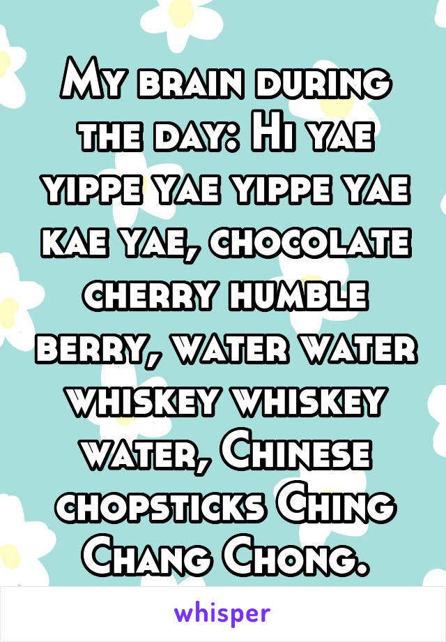 My brain during the day: Hi yae yippe yae yippe yae kae yae, chocolate cherry humble berry, water water whiskey whiskey water, Chinese chopsticks Ching Chang Chong.
