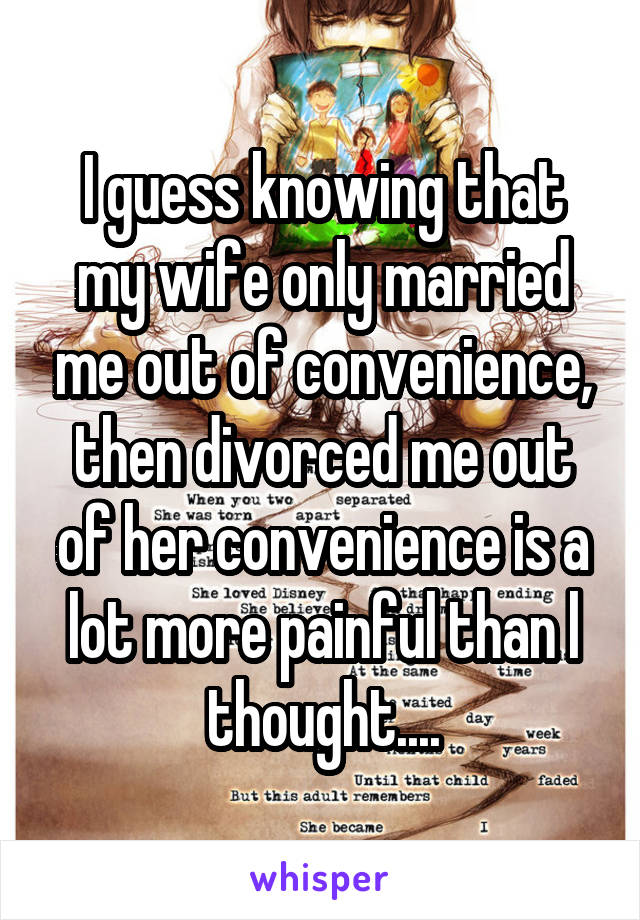 I guess knowing that my wife only married me out of convenience, then divorced me out of her convenience is a lot more painful than l thought....