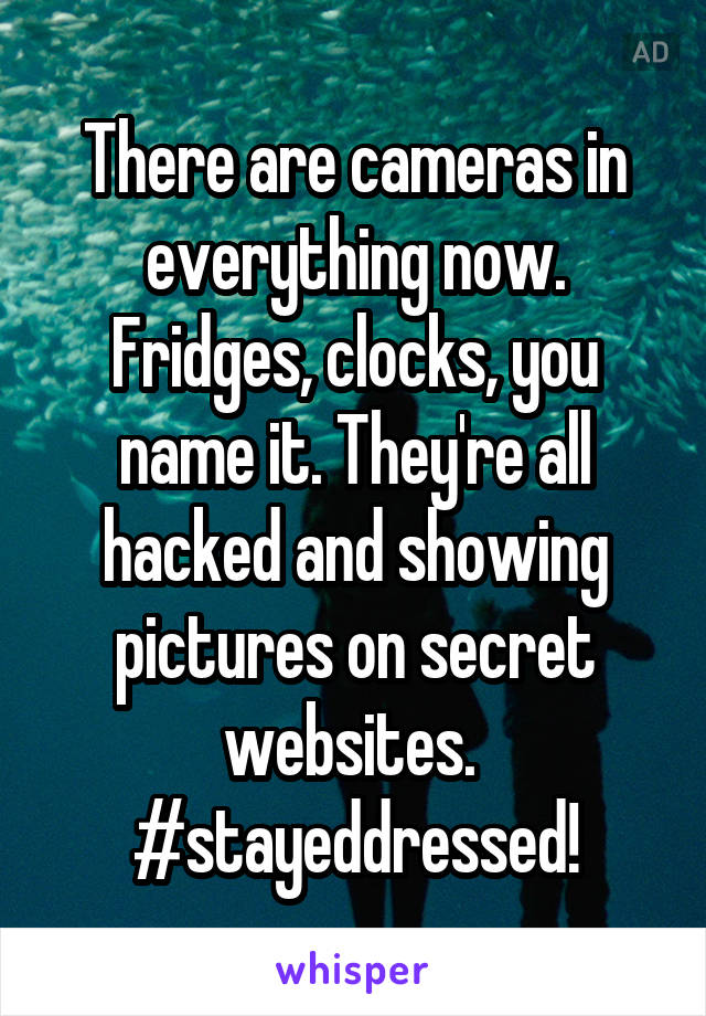 There are cameras in everything now. Fridges, clocks, you name it. They're all hacked and showing pictures on secret websites.  #stayeddressed!