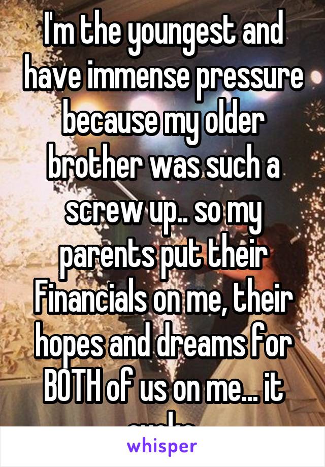 I'm the youngest and have immense pressure because my older brother was such a screw up.. so my parents put their Financials on me, their hopes and dreams for BOTH of us on me... it sucks.