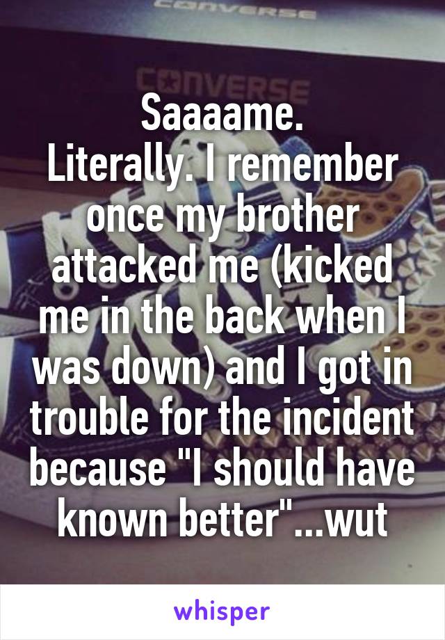 Saaaame.
Literally. I remember once my brother attacked me (kicked me in the back when I was down) and I got in trouble for the incident because "I should have known better"...wut