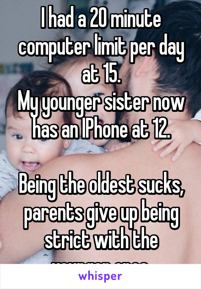 I had a 20 minute computer limit per day at 15.
My younger sister now has an IPhone at 12.

Being the oldest sucks, parents give up being strict with the younger ones.